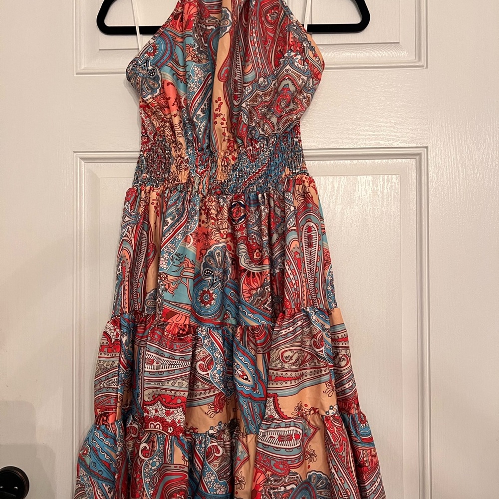 Vibrant Paisley Maxi Dress in Red and Blue